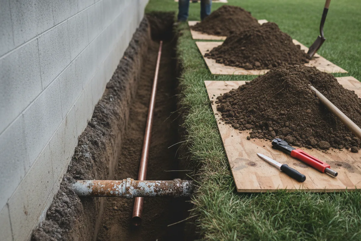 Excavated water line trench during Sewer Line Repair in Francestown